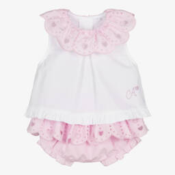 Baby Girls White & Pink Broderie Anglaise Shorts Set