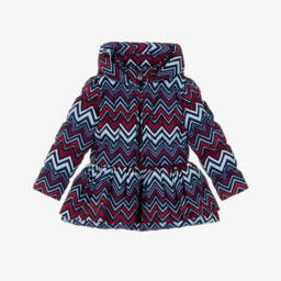 Girls Burgundy & Blue Zig Zag Print Puffer Coat with Hood