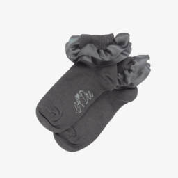 A Dee-Girls Dark Grey Cotton Ankle Socks with Satin Ruffle Cuffs | Childrensalon