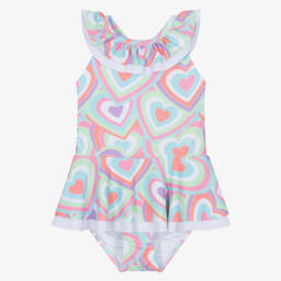 Girls Pink Colourful Heart Print Swimsuit