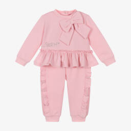 A Dee-Girls Pink Cotton Tracksuit with Bow & Ruffles | Childrensalon
