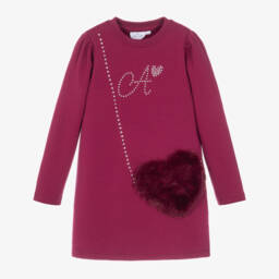 Girls Red Cotton Jersey Dress with Fluffy Bag Appliqué