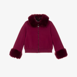 Girls Red Faux Fur Trim Cotton Zip-Up Top 