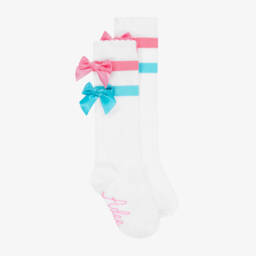 A Dee-Girls White Cotton Socks With Pink & Blue Bows | Childrensalon