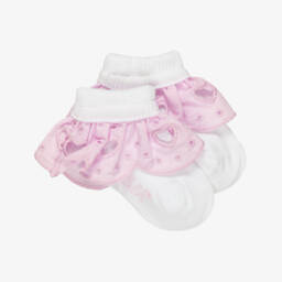 Girls White Knitted Socks with Pink Ruffle Trims