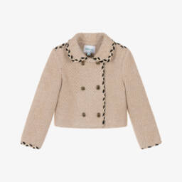 Girls Beige Fluffy Jacket with Braided Trim