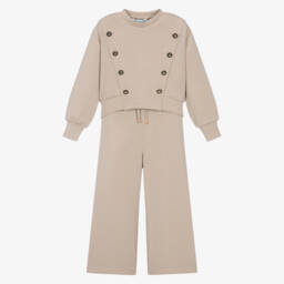 Abel & Lula-Girls Beige Jersey Wide-Leg Trouser Set | Childrensalon