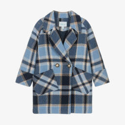Abel & Lula-Girls Blue & Beige Check Doubled Breasted Coat | Childrensalon
