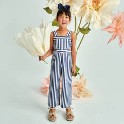 Abel & Lula-Girls Blue & White Stripe Jumpsuit | Childrensalon