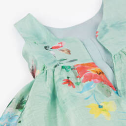 Abel & Lula-Girls Green Linen Floral Print Dress | Childrensalon
