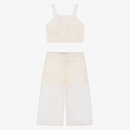 Abel & Lula-Girls Ivory Crochet Trousers Set | Childrensalon