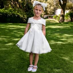 Abel & Lula-Girls Ivory Pleated Bow Dress | Childrensalon
