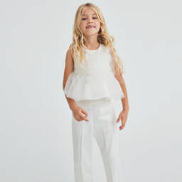 Abel & Lula-Girls Ivory Satin & Tulle Trouser Set | Childrensalon