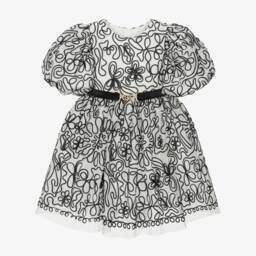 Abel & Lula-Girls Ivory Tulle Dress with Black Ribbon Floral Pattern | Childrensalon
