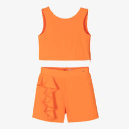 Abel & Lula-Girls Orange Crêpe Ruffle Shorts Set | Childrensalon