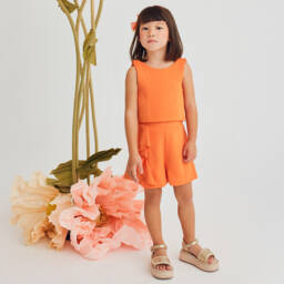 Abel & Lula-Girls Orange Crêpe Ruffle Shorts Set | Childrensalon