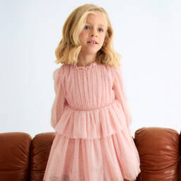 Abel & Lula-Girls Pink Dotted & Sparkle Tulle Dress | Childrensalon