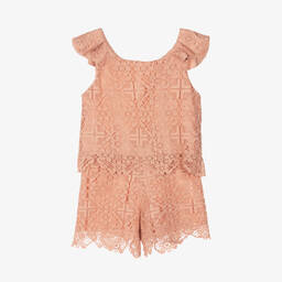 Abel & Lula-Girls Pink Guipure Lace Shorts Set | Childrensalon