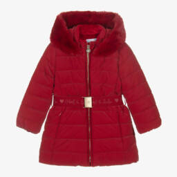 Abel Lula Girls Red Fur Trim Hooded Puffer Coat Childrensalon