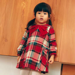 Abel & Lula-Girls Red Tartan Dress with Velvet Bow | Childrensalon