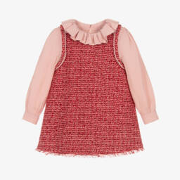 Abel & Lula-Girls Red Tweed & Pink Crêpe Chiffon Dress | Childrensalon