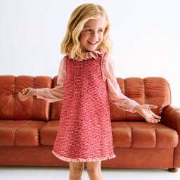 Abel & Lula-Girls Red Tweed & Pink Crêpe Chiffon Dress | Childrensalon