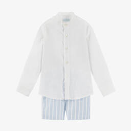 Abuela Tata-Boys Blue Striped Cotton Shorts Set | Childrensalon