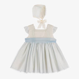 Abuela Tata-Girls Blue Tulle Dress Set With Bonnet | Childrensalon