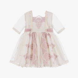 Abuela Tata-Girls Ivory & Pink Lace Tulle Dress | Childrensalon