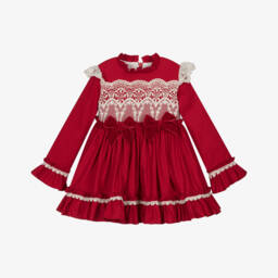 Abuela Tata-Girls Red Cotton & Ivory Lace Dress | Childrensalon