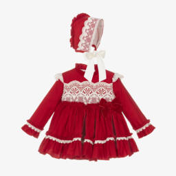 Abuela Tata-Girls Red Cotton & Ivory Lace Dress | Childrensalon