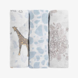 aden + anais-White Cotton Jungle Animal Print Muslin Cloths (3 Pack) | Childrensalon