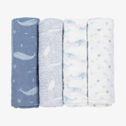 aden + anais- لُفافات قطن موسلين لون أبيض وأزرق (4 قطع) | Childrensalon