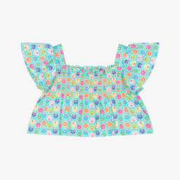 Girls Cropped Aqua Blue Cotton Blouse with Colourful Print