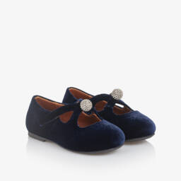 Age of Innocence-Girls Navy Blue Velvet & Diamanté Shoes | Childrensalon