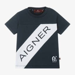 AIGNER-Baby Boys Blue Cotton T-Shirt With Logo Stripe | Childrensalon