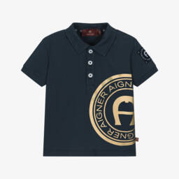 AIGNER-Baby Boys Blue & Metallic Gold Polo Shirt | Childrensalon
