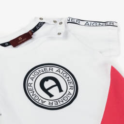 AIGNER-Baby Boys White Cotton T-Shirt With Logo Tape | Childrensalon