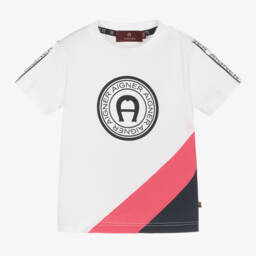 AIGNER-Baby Boys White Cotton T-Shirt With Logo Tape | Childrensalon