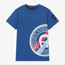 AIGNER-Boys Blue Cotton T-Shirt With Logo Design | Childrensalon