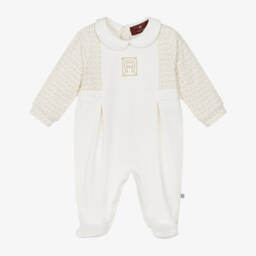 Boys Ivory Pima Cotton Babygrow with Logo Embroidery