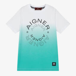 Boys White & Green Ombré Cotton T-shirt