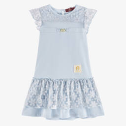 AIGNER-Girls Blue Cotton Jersey & Lace Dress | Childrensalon