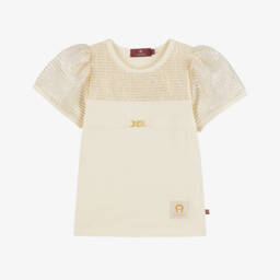AIGNER-Girls Ivory Cotton T-Shirt with Metallic Mesh Puff Sleeves | Childrensalon