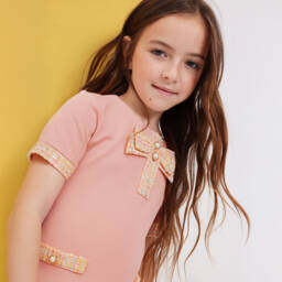 AIGNER-فستان بفيونكة بنات تويد وقطن جيرسي لون زهري | Childrensalon