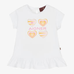 AIGNER-Girls White Cotton Logo Hearts T-Shirt | Childrensalon