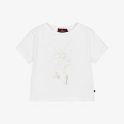AIGNER-Girls White Cotton T-Shirt with Floral Embroidery | Childrensalon