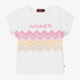 AIGNER-Girls White Cotton Zigzag T-Shirt | Childrensalon