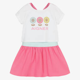 AIGNER-Girls White & Pink Cotton Dress Set | Childrensalon