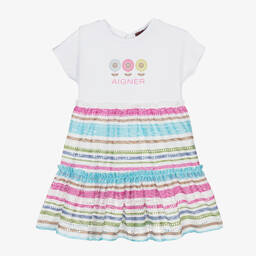 AIGNER-Girls White & Pink Striped Cotton Dress | Childrensalon